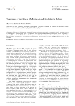 Taxonomy of the Lichen Cladonia Rei and Its Status in Poland