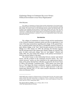 Explaining Change in Communist Successor Parties: Political Environment Versus Party Organization?