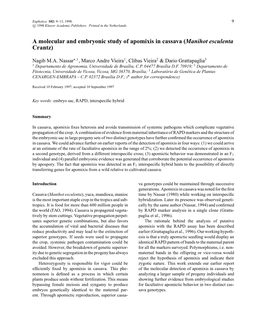 A Molecular and Embryonic Study of Apomixis in Cassava (Manihot Esculenta