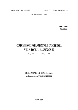 COMMISSIONE PARLAMENTARE D'inchiesta SULLA LOGGIA MASSONICA P2 (Legge 23 Settembre 1981, N