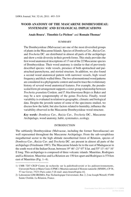 Wood Anatomy of the Mascarene Dombeyoideae: Systematic and Ecological Implications