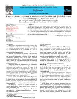 Effect of Climate (Seasons) on Biodiversity of Noctuidae in Rajmahal Hills Area of Santhal Parganas, Jharkhand, India Palli