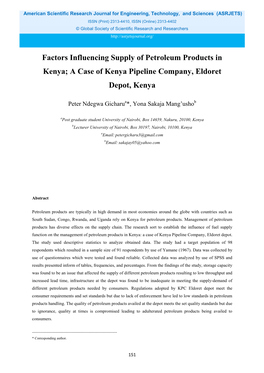 Factors Influencing Supply of Petroleum Products in Kenya; a Case of Kenya Pipeline Company, Eldoret Depot, Kenya