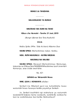 1 BUNGE LA TANZANIA ___MAJADILIANO YA BUNGE ___MKUTANO WA KUMI NA TANO Kikao Cha Hamsini – Tarehe 21 Juni, 2019 (