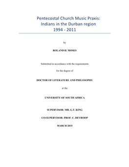 Pentecostal Church Music Praxis: Indians in the Durban Region 1994 - 2011