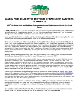 Laurel Park Celebrates 100 Years of Racing on Saturday, October 15