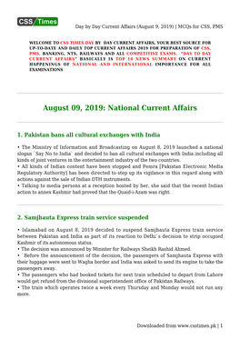 Day by Day Current Affairs (August 9, 2019) | Mcqs for CSS, PMS