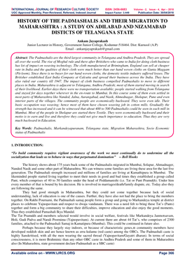 History of the Padmashalis and Their Migration to Maharashtra : a Study on Adilabad and Nizamabad Disticts of Telangana State