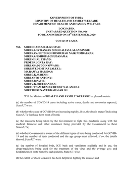 Government of India Ministry of Health and Family Welfare Department of Health and Family Welfare Lok Sabha Unstarred Question No