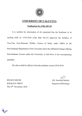 Syllabus M.Mus. in Rabindrasangeet (CHOICE BASED CREDIT SYSTEM) University of Calcutta