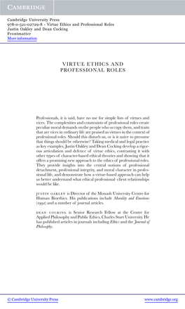 Virtue Ethics and Professional Roles Justin Oakley and Dean Cocking Frontmatter More Information