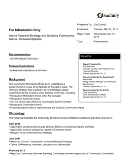 Arena Renewal Strategy and Sudbury Community Arena