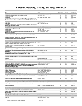 Christian Preaching, Worship, and Piety, 1559-1919