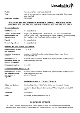 Land at Various Reserves Owned by Lincolnshire Wildlife Trust – See Table Attached Reference Number: CA/7/1/396