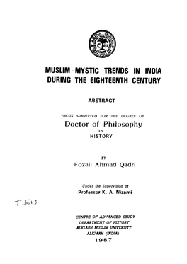 Muslim-Mystic Trends in India During the Eighteenth Century