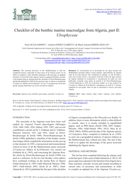Checklist of the Benthic Marine Macroalgae from Algeria, Part II: Ulvophyceae