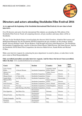 Directors and Actors Attending Stockholm Film Festival 2016