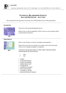 National Readership Survey Ds-Capi Protocol – July 2012