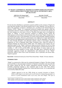 Is “Okada” Commercial Motorcycle Riding Reducing Poverty Among Operators in Ilorin West Local Government Area, Kwara State?