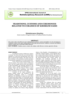 Traditions, Customs and Ceremonies Related to Ceramics of Khorezm Oasis