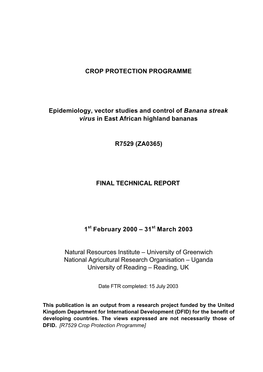 CROP PROTECTION PROGRAMME Epidemiology, Vector Studies And