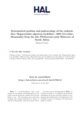 Systematical Position and Paleoecology of the Endemic Deer Megaceroides Algericus Lydekker, 1890 (Cervidae, Mammalia) from the L