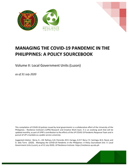 Managing the Covid-19 Pandemic in the Philippines: a Policy Sourcebook