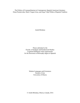 The Politics of Cosmopolitanism in Contemporary Spanish American Literature: Elena Poniatowska, Mario Vargas Llosa, and Jorge Volpi Within a Disputed Tradition