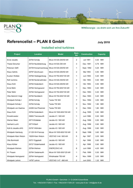 Referencelist – PLAN 8 Gmbh July 2018 Installed Wind Turbines