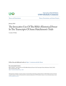 The Invocative Use of the Bible's Rhetorical Power in the Transcripts of Anne Hutchinson's Trials