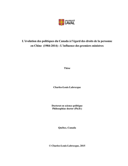 Les Politiques Du Canada À L'égard Des Droits De La Personne En Chine (1970-2009)