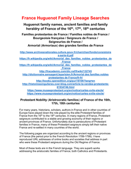 France Huguenot Family Lineage Searches