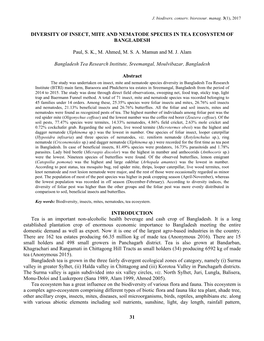 31 Diversity of Insect, Mite and Nematode Species in Tea