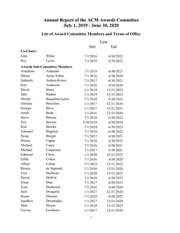 Annual Report of the ACM Awards Committee July 1, 2019 - June 30, 2020 List of Award Committee Members and Terms of Office