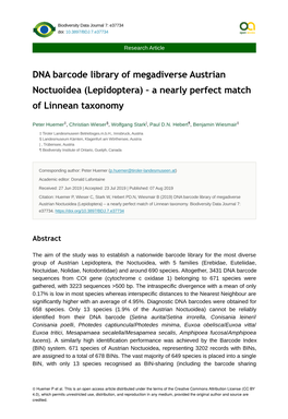 DNA Barcode Library of Megadiverse Austrian Noctuoidea (Lepidoptera) – a Nearly Perfect Match of Linnean Taxonomy