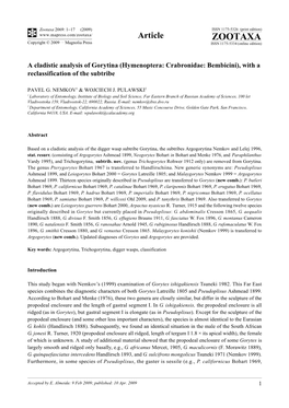 Zootaxa, a Cladistic Analysis of Gorytina (Hymenoptera: Crabronidae: Bembicini), with A