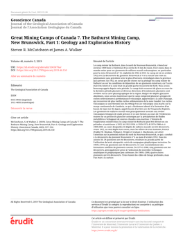 Great Mining Camps of Canada 7. the Bathurst Mining Camp, New Brunswick, Part 1: Geology and Exploration History Steven R