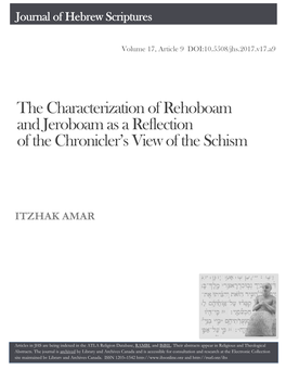 The Characterization of Rehoboam and Jeroboam As a Reflection of the Chronicler's View of the Schism