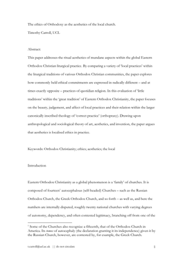 1 the Ethics of Orthodoxy As the Aesthetics of the Local Church. Timothy Carroll, UCL Abstract