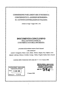 Dossier Mitrokhin Senato Della Repubblica - Camera Dei Deputati E L'at~Ivita Di Inte I Ence Italiana Commissione Mitrokhin 