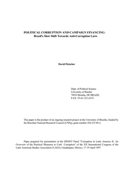 POLITICAL CORRUPTION and CAMPAIGN FINANCING: Brazil's Slow Shift Towards Anti-Corruption Laws