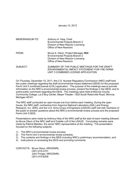 Summary of the Public Meetings for the Draft Environmental Impact Statement for the Fermi Unit 3 Combined License Application