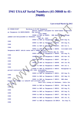 1941 USAAF Serial Numbers (41-30848 to 41- 39600)