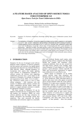 A FEATURE-BASED ANALYSIS of OPEN SOURCE TOOLS for ENTERPRISE 2.0 Open Source Tools for Team Collaboration in Smes