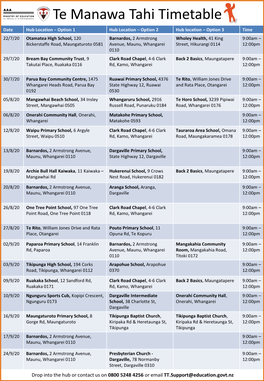 Te Manawa Tahi Timetable