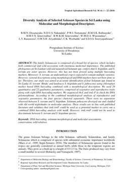 Diversity Analysis of Selected Solanum Species in Sri Lanka Using Molecular and Morphological Descriptors