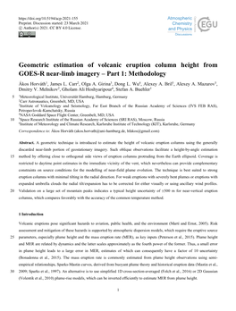 Geometric Estimation of Volcanic Eruption Column Height from GOES-R Near-Limb Imagery – Part 1: Methodology Ákos Horváth1, James L