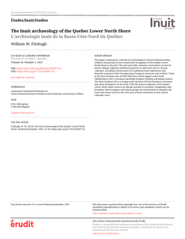 The Inuit Archaeology of the Quebec Lower North Shore L’Archéologie Inuit De La Basse-Côte-Nord Du Québec William W