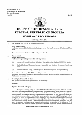 HOUSE of REPRESENTATIVES FEDERAL REPUBLIC of NIGERIA VOTES and PROCEEDINGS Thursday, 6 June, 2013