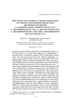 Isolation and Chemical Characterization of Lipopolysaccharides from Four Aqua Spirill Um Species (A. Itersonh Subsp. Nipponicum